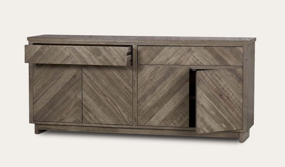 Chevron buffet in Tasmanian oak timber with chevron patterned doors and natural finish, modern timber buffet cabinet