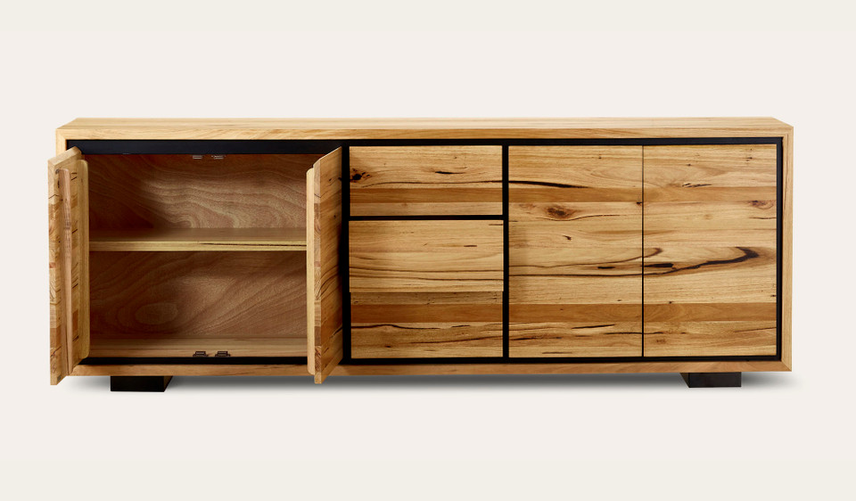 Eden large buffet in sustainable Australian messmate timber with sleek modern edges and black detailing, modern timber storage cabinet