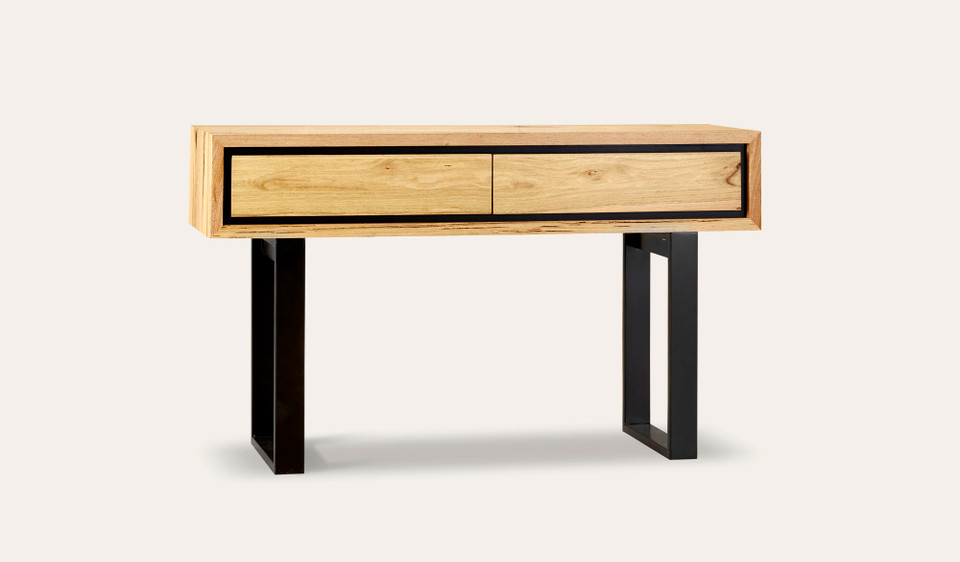 Eden hall table in sustainable Australian messmate timber with sleek modern edges and black detailing, contemporary timber console table