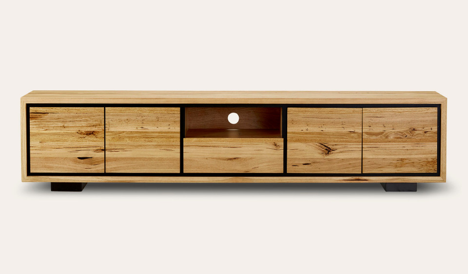 Eden large entertainment unit in Australian messmate timber with black detailing, modern wooden TV cabinet with storage drawers and shelves