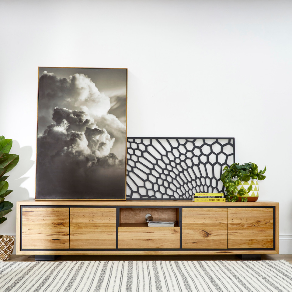 Eden large entertainment unit in Australian messmate timber with black detailing, modern wooden TV cabinet with storage drawers and shelves
