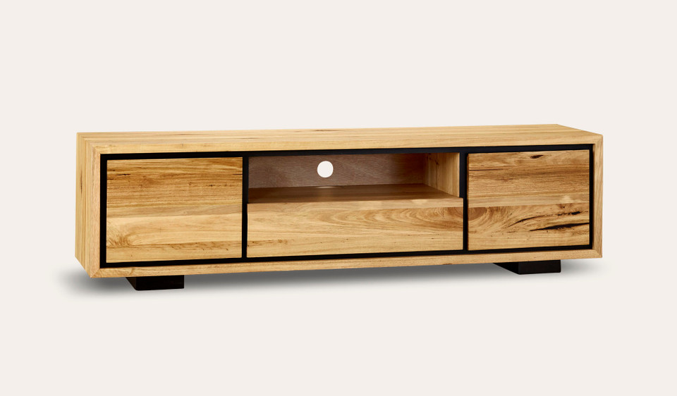 Eden small entertainment unit in Australian messmate timber with black detailing, compact wooden TV cabinet with storage drawers and shelves