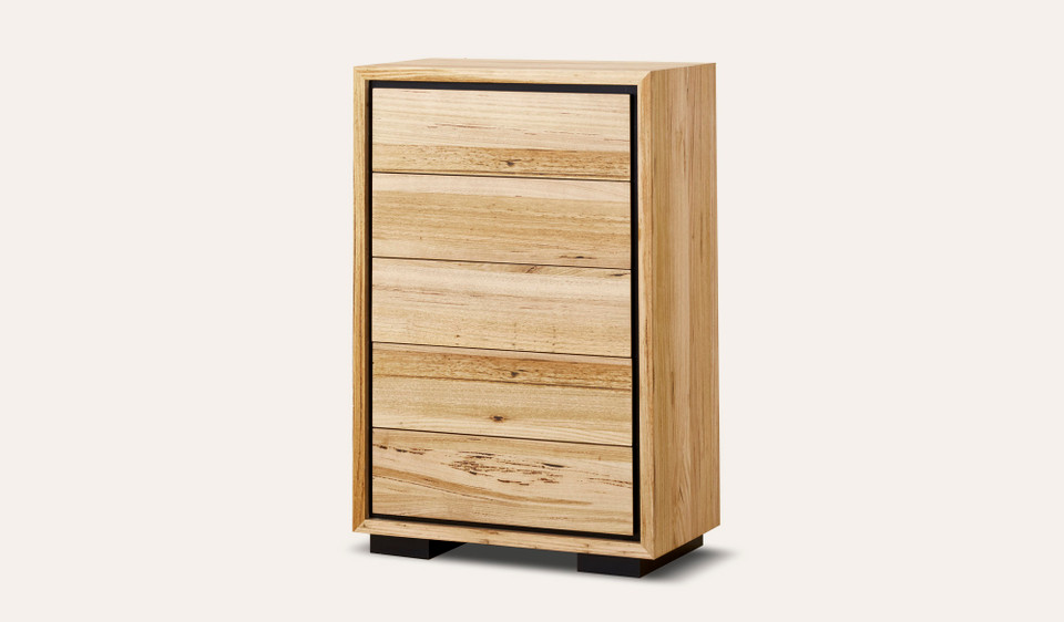 Eden tallboy in sustainable Australian messmate timber with sleek modern edges and black detailing, contemporary timber bedroom storage