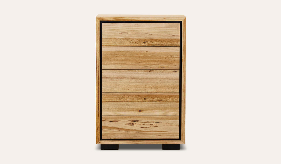 Eden tallboy in sustainable Australian messmate timber with sleek modern edges and black detailing, contemporary timber bedroom storage