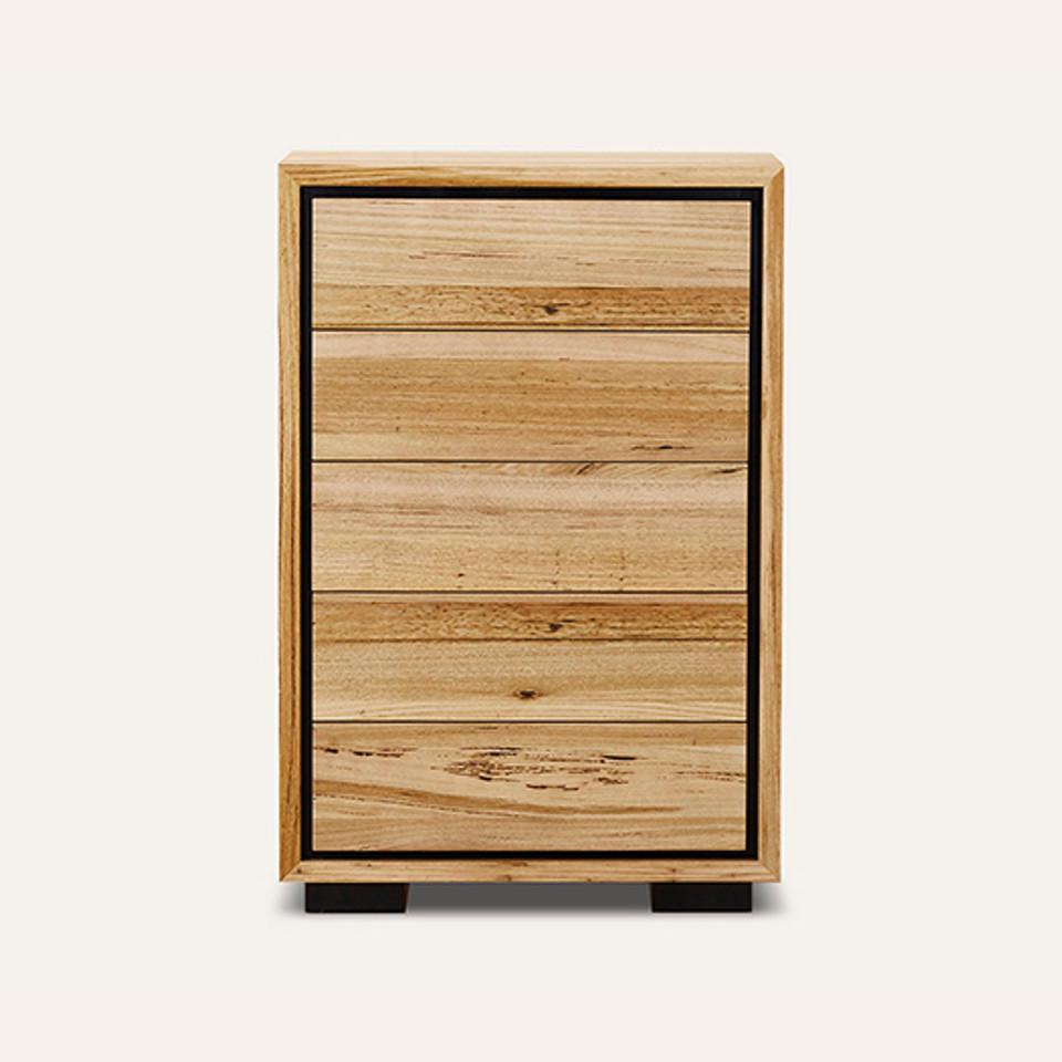 Eden tallboy in sustainable Australian messmate timber with sleek modern edges and black detailing, contemporary timber bedroom storage