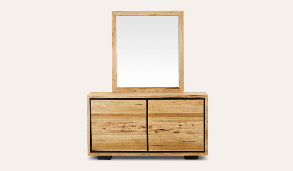 Eden dressing table with mirror in sustainable Australian messmate timber with sleek modern edges and black detailing, contemporary timber bedroom furniture