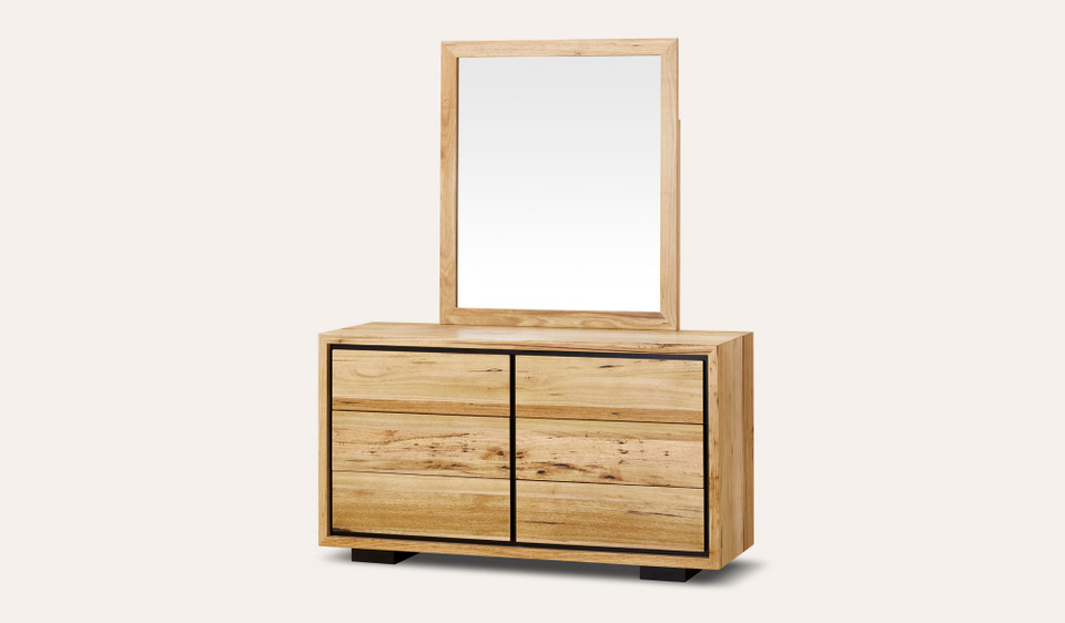 Eden dressing table with mirror in sustainable Australian messmate timber with sleek modern edges and black detailing, contemporary timber bedroom furniture