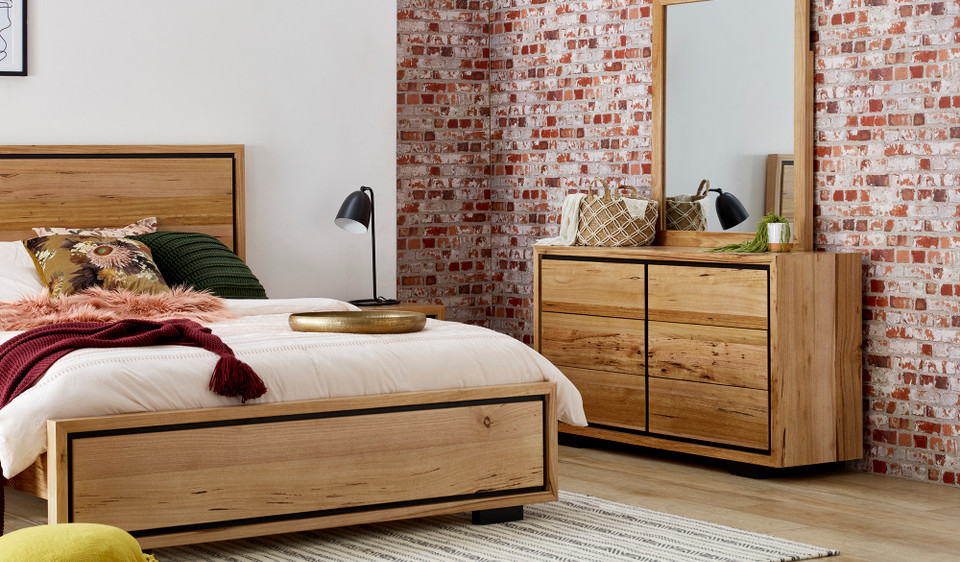 Eden dressing table with mirror in sustainable Australian messmate timber with sleek modern edges and black detailing, contemporary timber bedroom furniture