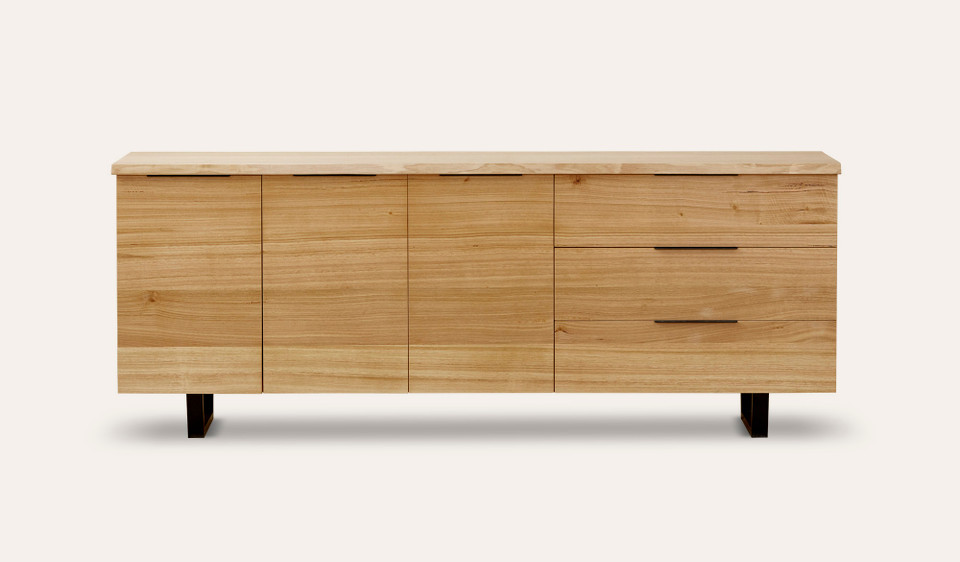 Braxton buffet in solid messmate timber with black metal legs and three storage drawers