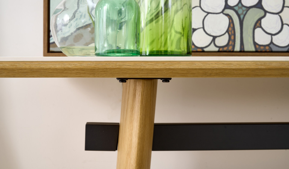 Cara hall table with matte white carrara-look ceramic top and natural oak finish, slim contemporary hallway table