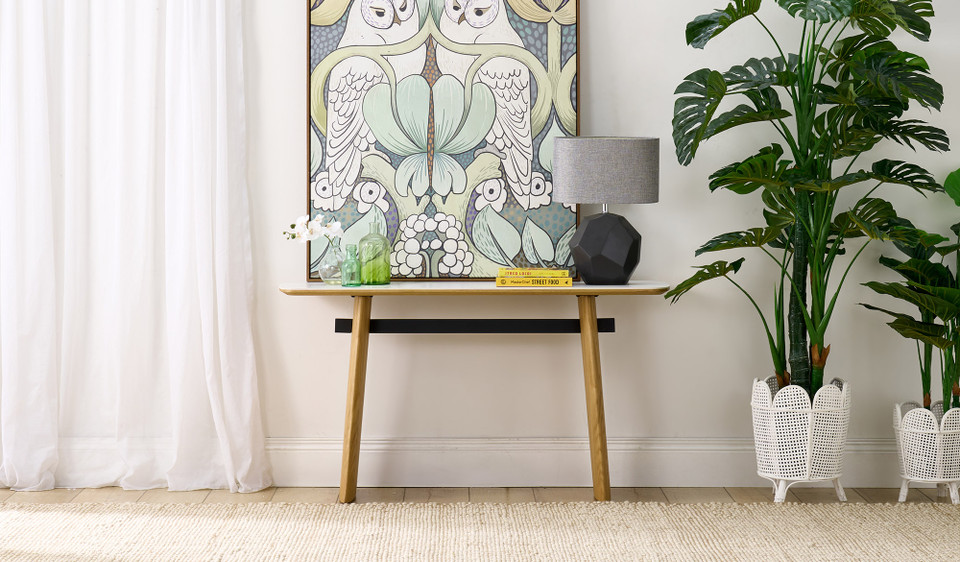 Cara hall table with matte white carrara-look ceramic top and natural oak finish, slim contemporary hallway table
