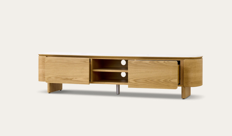 Cara entertainment unit with matte white carrara-look ceramic top and natural oak finish, two-door TV cabinet with open shelving