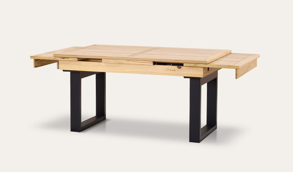 Eden extension dining table in sustainable Australian messmate timber with sleek modern edges, black detailing, and extendable design, contemporary timber dining table