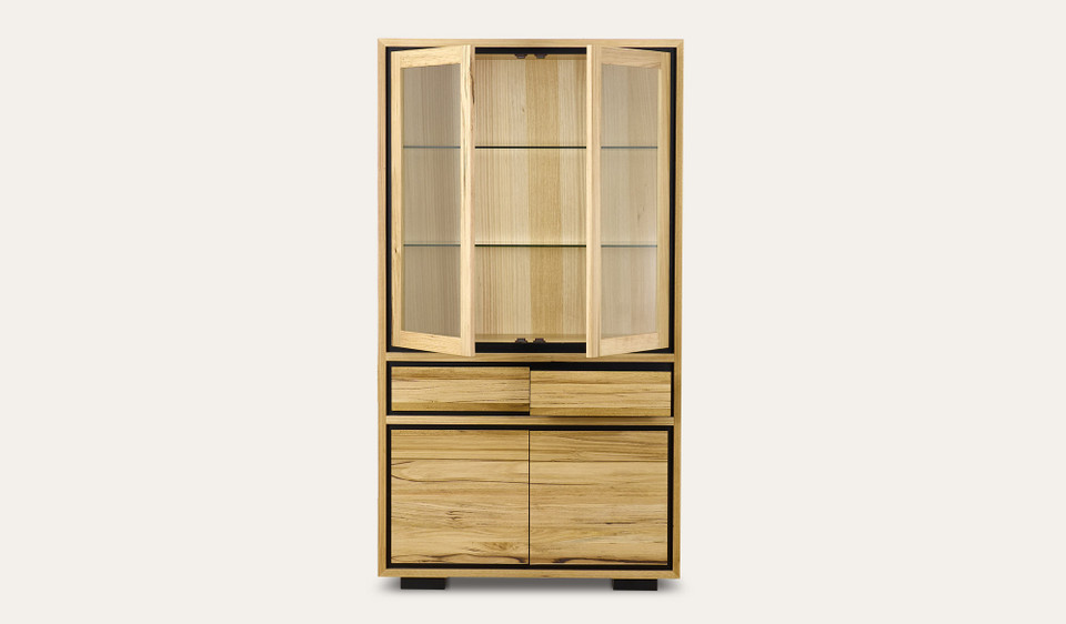 Eden display unit in sustainable Australian messmate timber with sleek modern edges, shelving, and black detailing, contemporary timber storage and display cabinet