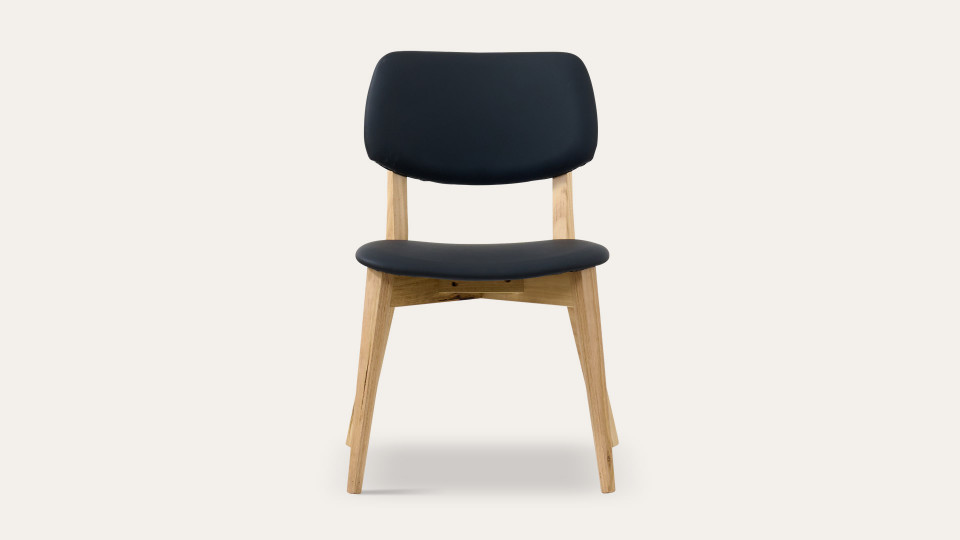 Eden dining chair in sustainable Australian messmate timber with black PU seat and back, modern timber dining chair