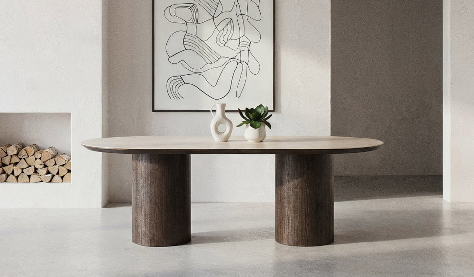 Armani dining table with travertine ceramic top and dark oak panelled base, bold modern timber dining furniture