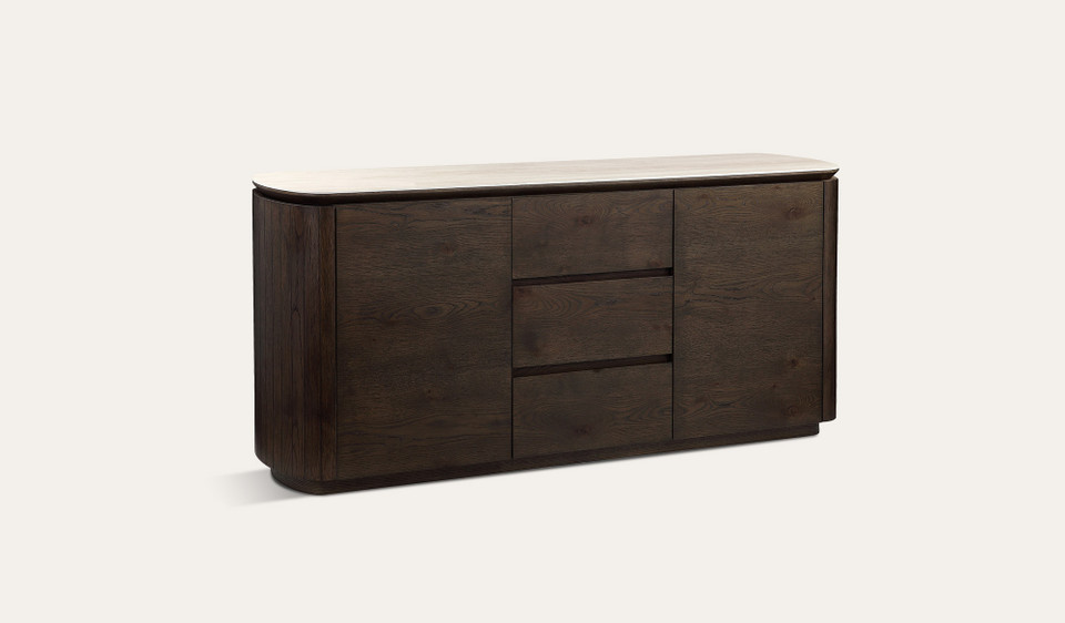 Armani buffet in rich dark oak with ceramic top and panelled design, contemporary timber storage cabinet