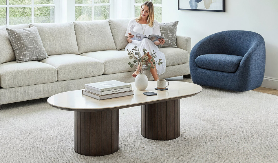 Armani coffee table in dark oak with travertine ceramic top, modern timber living room furniture