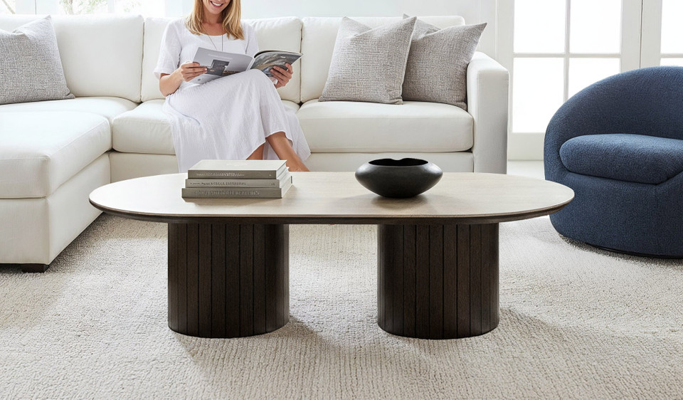 Armano coffee table in dark oak with travertine ceramic top, modern timber living room furniture