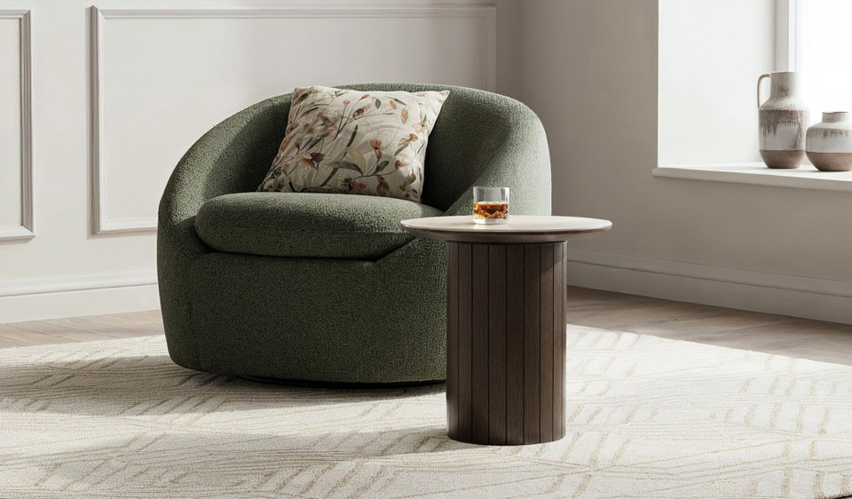 Armano lamp table with dark oak base and travertine ceramic top, modern timber side table