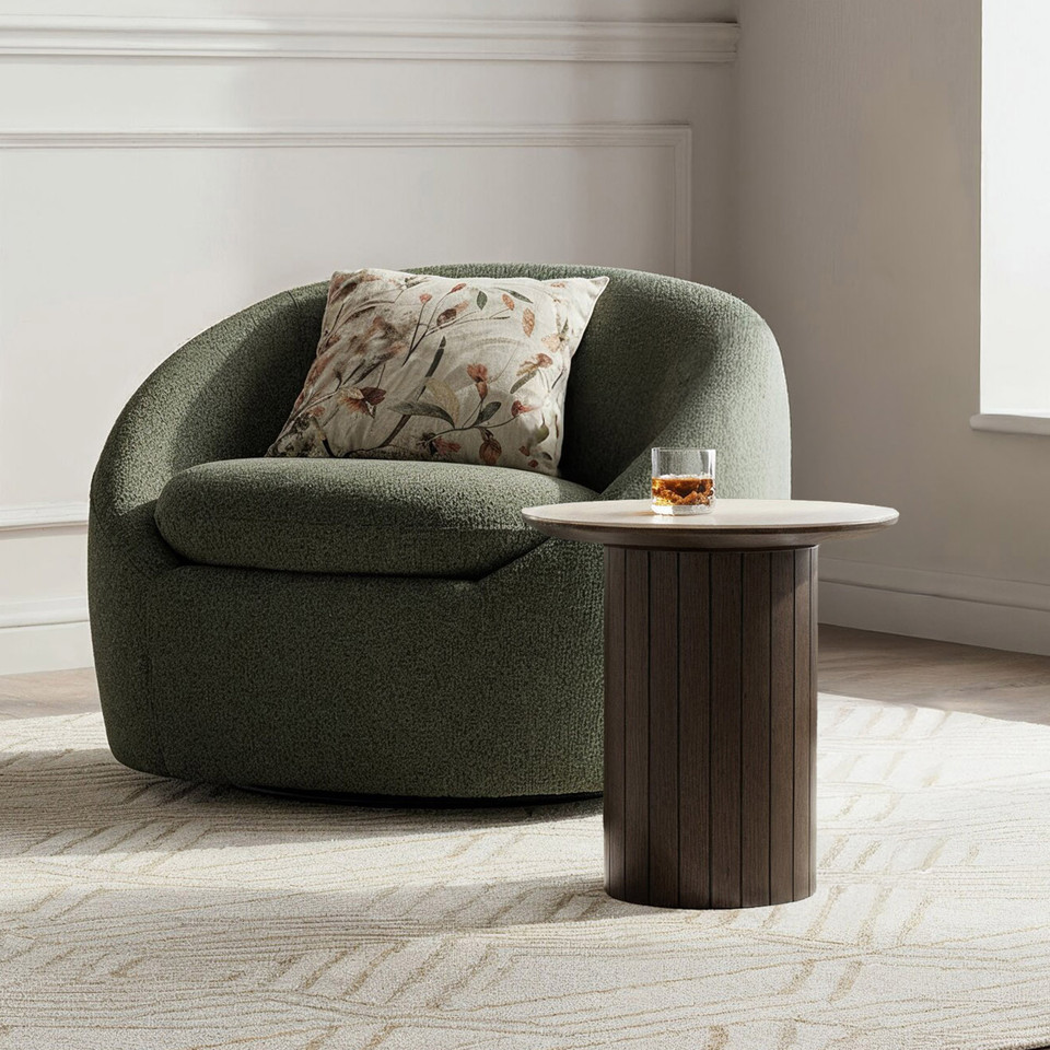 Armano lamp table with dark oak base and travertine ceramic top, modern timber side table