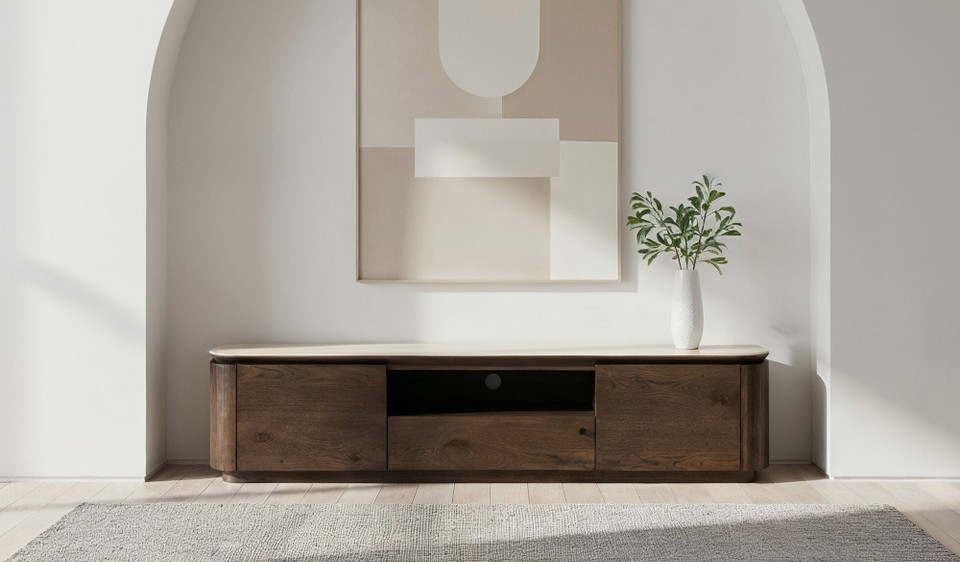 Armani entertainment unit in dark oak with travertine ceramic top and panelled detailing, modern timber TV cabinet with storage