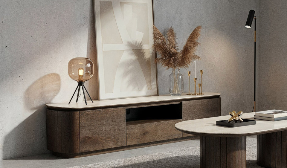 Armani entertainment unit in dark oak with travertine ceramic top and panelled detailing, modern timber TV cabinet with storage