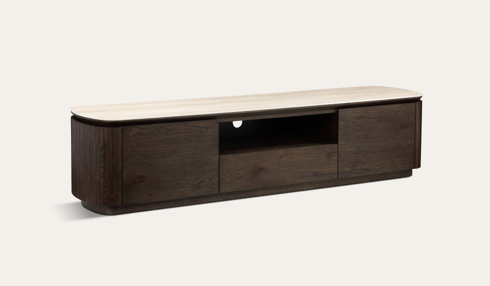 Armano entertainment unit in dark oak with travertine ceramic top and panelled detailing, modern timber TV cabinet with storage