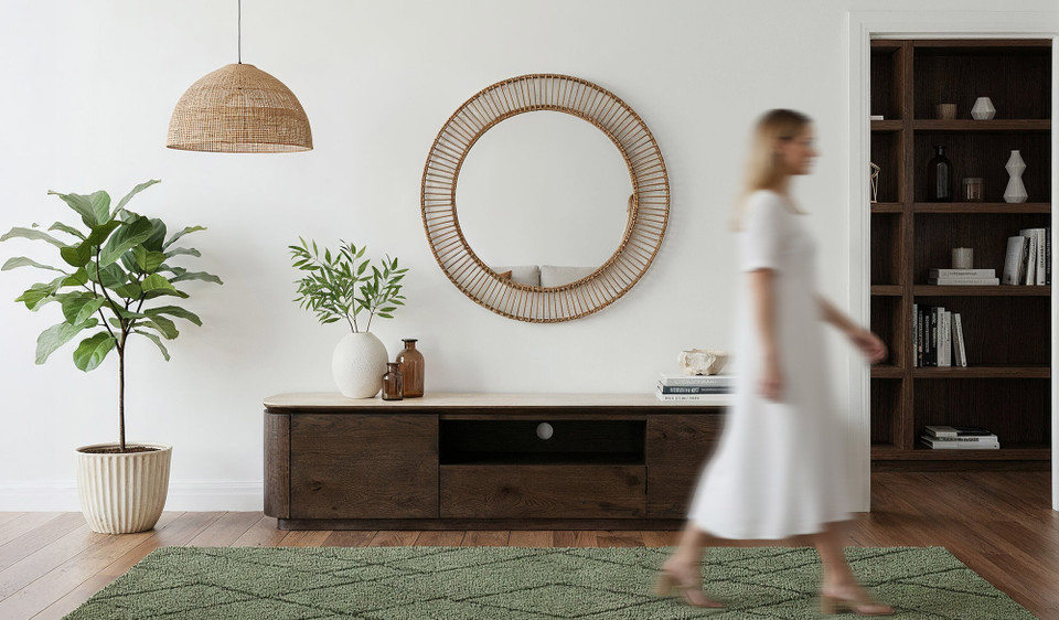 Armano entertainment unit in dark oak with travertine ceramic top and panelled detailing, modern timber TV cabinet with storage