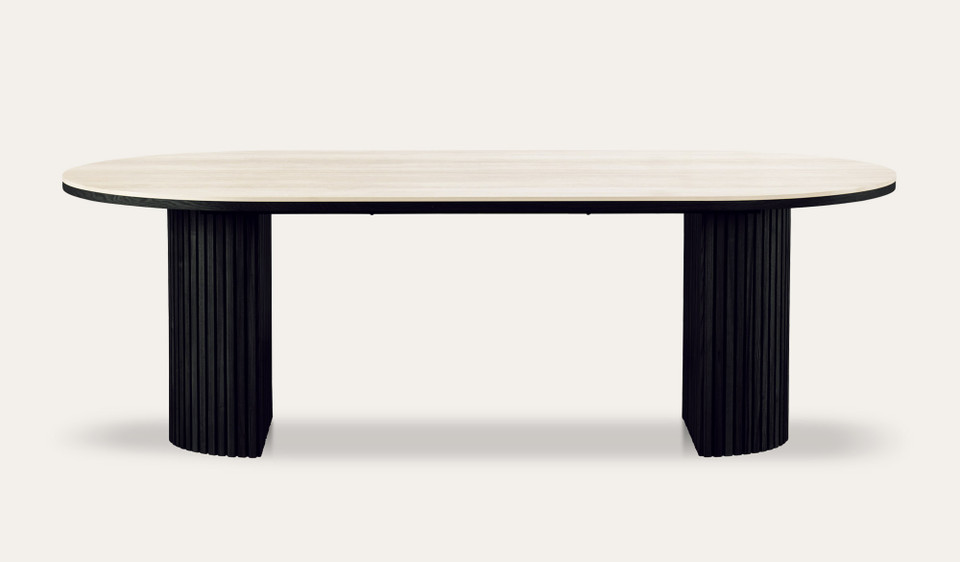 Eclipse travertine top dining table black base