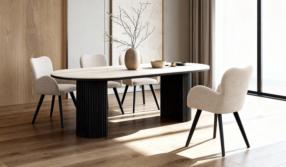 Eclipse travertine top dining table black base