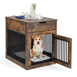 2-In-1 Dog House with Drawer and Wired Wireless Charging-Rustic Brown - Color: Rustic Brown D681-PU10011CF