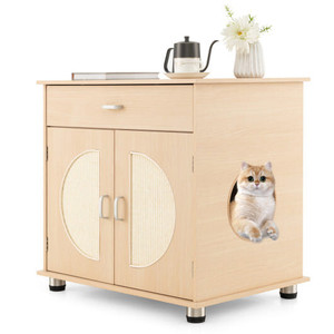 Cat Litter Box Enclosure with Sisal Scratching Doors and Storage-Natural B593-PV10148