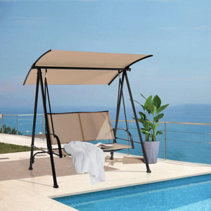 2-Seat Outdoor Canopy Swing with Comfortable Fabric Seat and Heavy-duty Metal Frame-Beige - Color:  D681-NP10403BE