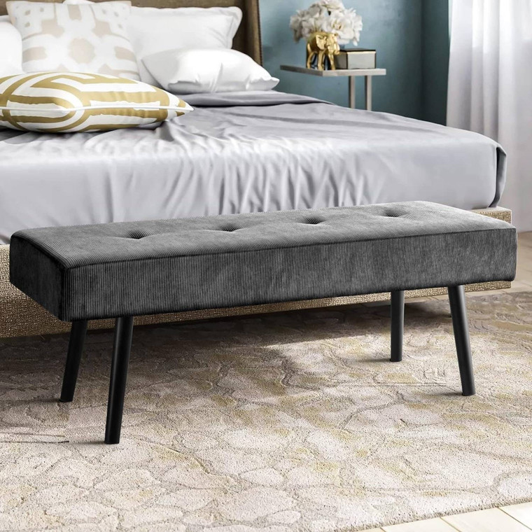 Mid-Century Grey Corduroy Upholstered End of Bed Bench with Black Metal Legs Q280-GRCDBS7912854638