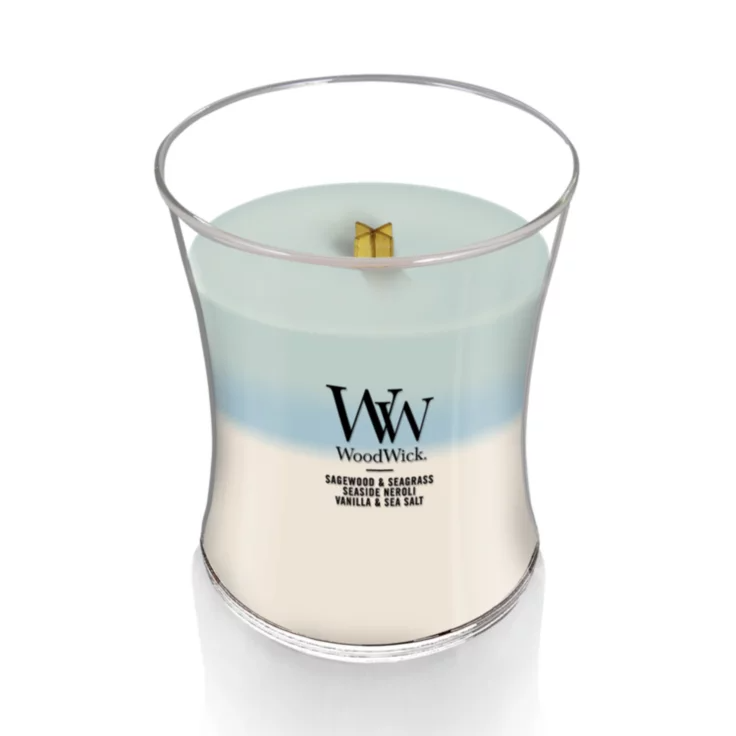 WoodWick Candela Profumata Medium Trilogy Evening Luxe - Stoppino In Legno - Fragranze: Hinoki Dahlia, Lavender Spa, White Teak