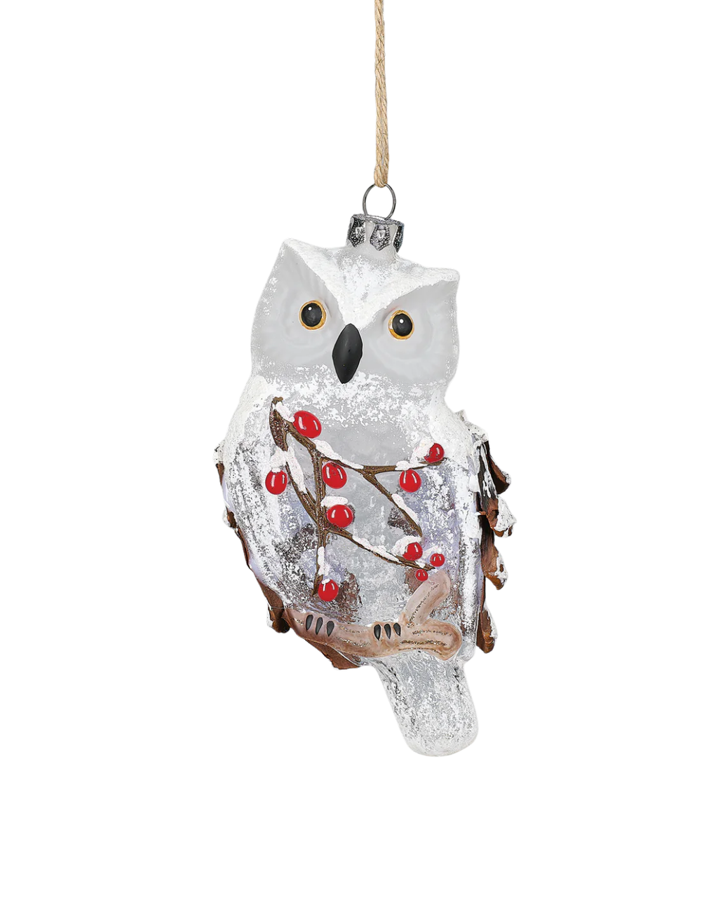 White Owl with Berries Glass Ornament