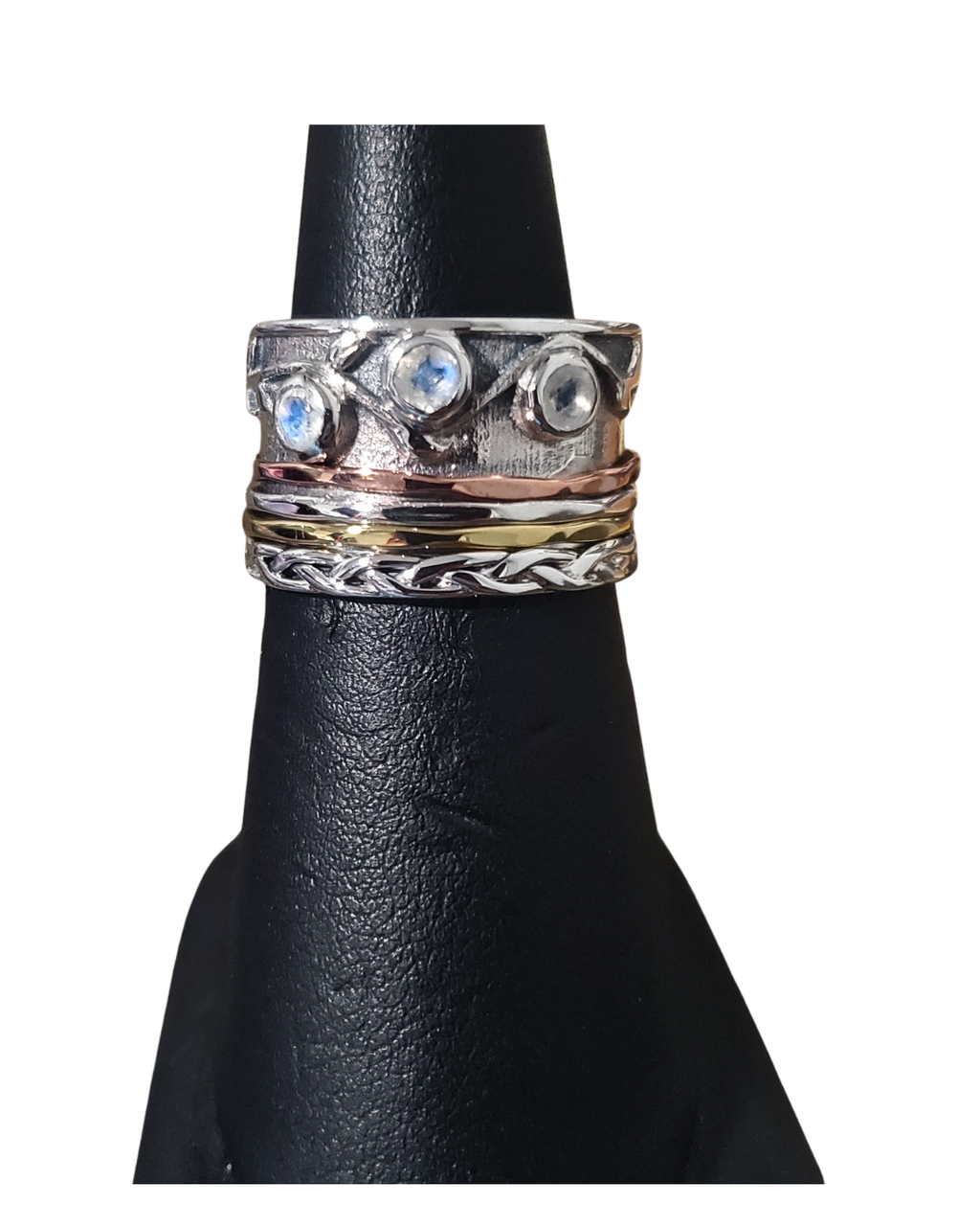 Rainbow Moonstone 3 stone with Gold Spin Ring S9| Designs by Bobby ...
