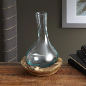 Molten Glass Decanter with Teak Base with CAP