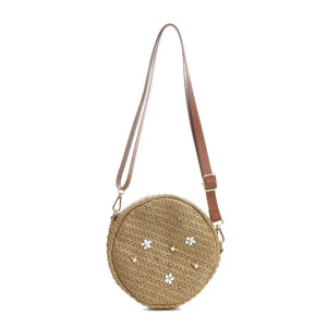 Beige Round Knitted Straw Bag with Floral Studs
