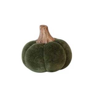 Small Velvet Green Cotton Pumpkin with Wood Stem Small Velvet Green Cotton Pumpkin with Wood Stem
