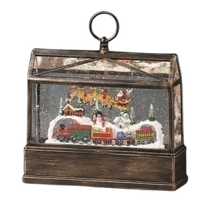 Lighted Swirl Greenhouse with Santa and Train Water Lantern