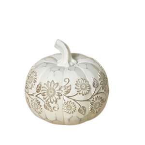 White Resin Pumpkin with Flower Design White Resin Pumpkin with Flower Design