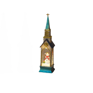Holiday Church with Snowman Water Lantern Holiday Church with Snowman Water Lantern