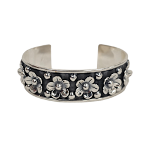 Open Oxidized with Flowers Silver Cuff Bracelet Open Oxidized with Flowers Silver Cuff Bracelet