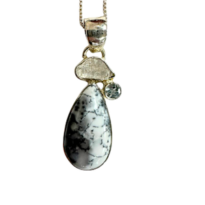 Blue Topaz, Dendritic, Opal, Herkimer Diamond Silver Necklace