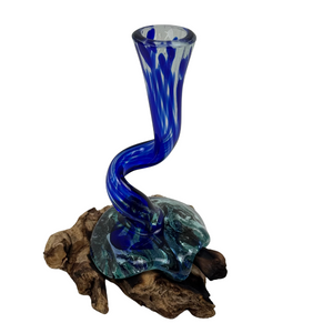 10" Tall Blue Molten Glass & Wood Sculpture Vase