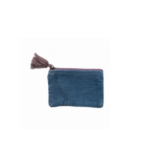 Blue Cotton Velvet Zip Pouch with Tassel Blue Cotton Velvet Zip Pouch with Tassel