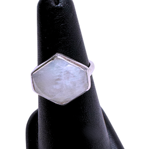 Rainbow Moonstone Octagon Facet Silver Ring S7