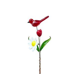 Glass Flower Bouquet Red Bird Plant Stake